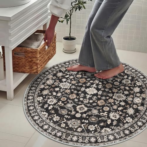 Round Rug 2ft Round Bathroom Rug Soft Low Pile Non Slip 2round Black - Image 2