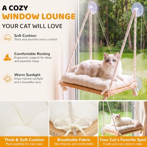 Cat Window Perch Hammock with Upgraded 4 Suction Cups Soft Cushion Wood Bed - Image 4