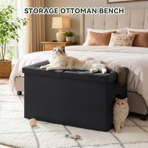 3-in-1 Cat Litter Box Enclosure Furniture, Cat Ottoman, Dark Grey - Image 5