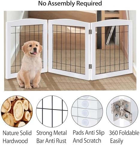 LZRS 3-Panel Freestanding Foldable Wooden Dog Gate –Solid Wood & Steel Wire - Image 3