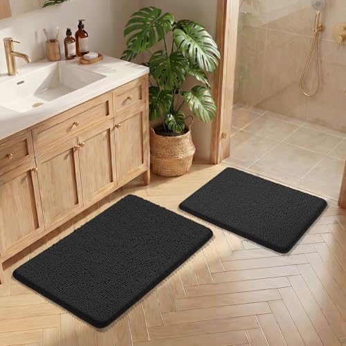 Bcoimo Bath Rug Mat Set, 2 Piece High Absorbent Chenille Bathroom Mat Black - Image 5