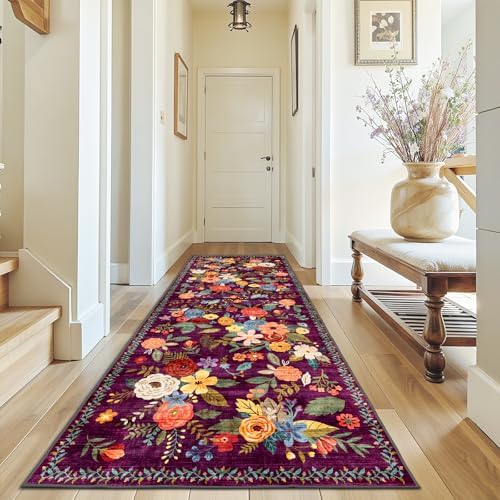 Purple Floral Hallway Runner Rug 3x7 by WelcometoBabovid