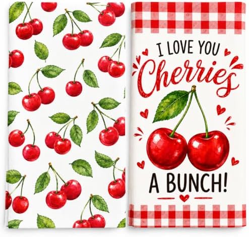 2 Pack Cherry Kitchen Towels, Retro Fruit Decorative Dish Towel Set by Z-synka