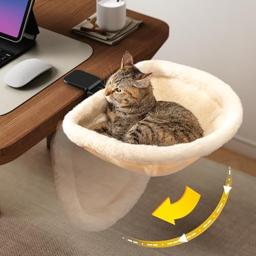 JUNSPOW Cat Desk Bed One-Click Folding Maximum Holds 40lb, Cream Fur by JUNSPOW