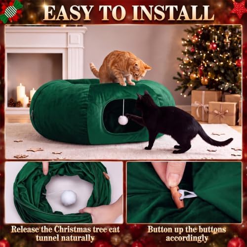 Christmas Tree Cat Tunnel 36 in Donut Bed, Green, Velvet, Fluffy - Image 5