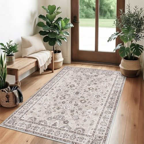 Washable 4x5 Rug for Entryway Non Slip Indoor Soft 5x4 Carpet Beige - Image 2