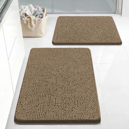 Bcoimo Bath Rugs Mat Set, 2 Piece Non Slip Chenille Latte Bathroom Mat Sets by Bcoimo
