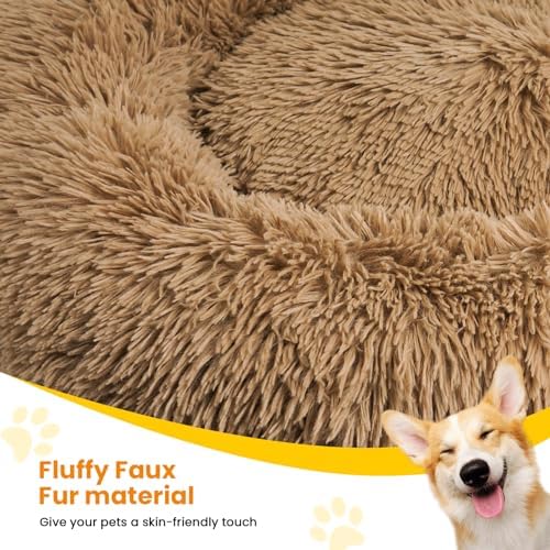 Calming Dog Beds for Large Dogs, Faux Fur Donut Cuddler Dog Bed, Round Fluffy - Image 2