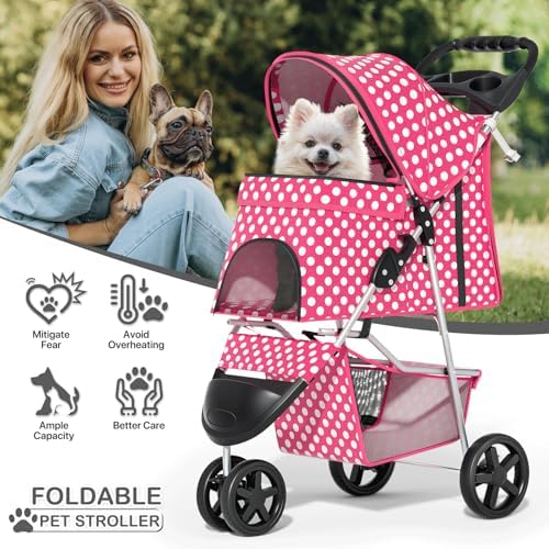 MoNiBloom Pet Stroller for Small/Medium Dogs and Cats, Hot Pink Polka Dots - Image 2