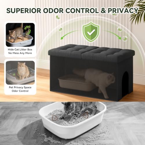 3-in-1 Cat Litter Box Enclosure Furniture, Cat Ottoman, Dark Grey - Image 2