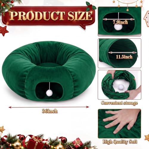 Christmas Tree Cat Tunnel 36 in Donut Bed, Green, Velvet, Fluffy - Image 2