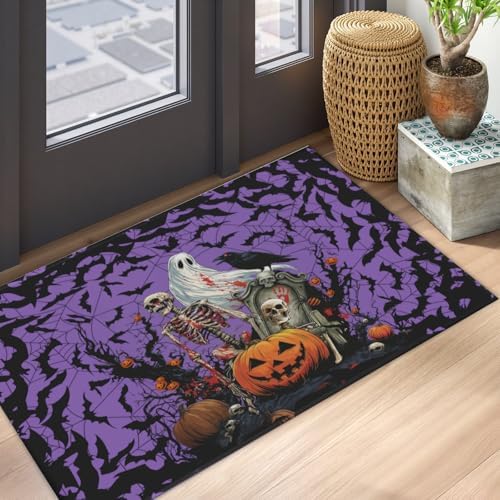 Giwawa Halloween Pumpkin Bath Rug Spooky Ghost Bat Bathtub Mat Washable Plush - Image 5