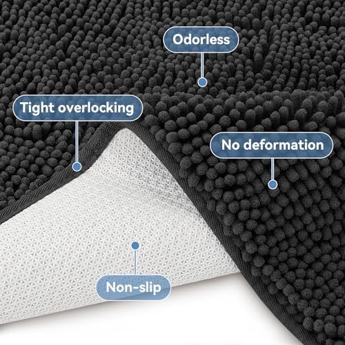 Bcoimo Bath Rug Mat, 70x24 Chenille Non Slip Black Long Bathroom Runner Rug - Image 4