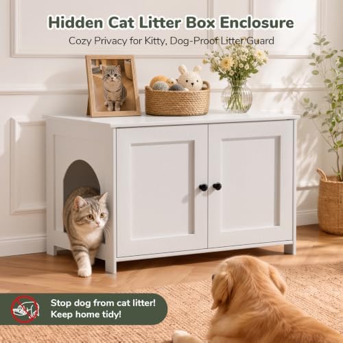 Hidden Cat Litter Box Enclosure Furniture, Dog Proof Kitty Washroom Cabinet - Image 5
