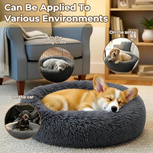 Calming Large Donut Dog and Cat Bed, Anti-Anxiety Round Soft Fluffy Plush Faux - Image 5