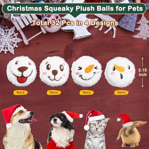 32 Pcs Christmas Dog Toys Squeaky Plush Balls, Soft Puppy Snowball with Dog & Snowman Smile, Christmas Pet Squeaker Fluffy Ball for Interactive Small & Medium Dogs, Xmas Toys Party Decorations - Image 3