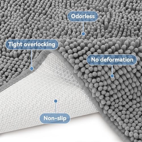 Bcoimo Bath Rug Mat, 44x24 Chenille Non Slip Gray Long Bathroom Runner Rugs - Image 4
