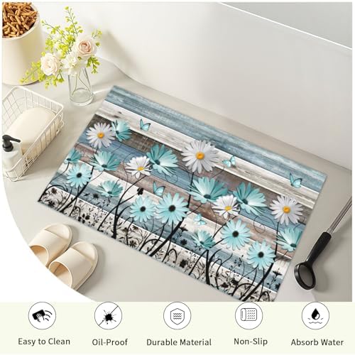 Giwawa Daisy Floral Bath Rug Rustic Wood Bathtub Mat Soft Absorbent Non Slip - Image 4