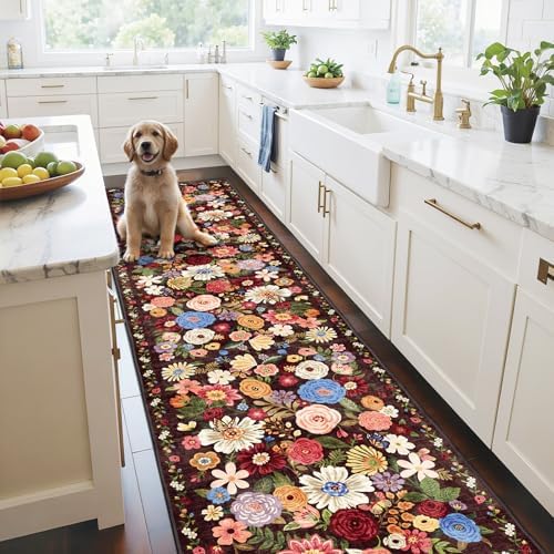 Black Brown Floral Hallway Runner Rug 2.6x14 - Image 4
