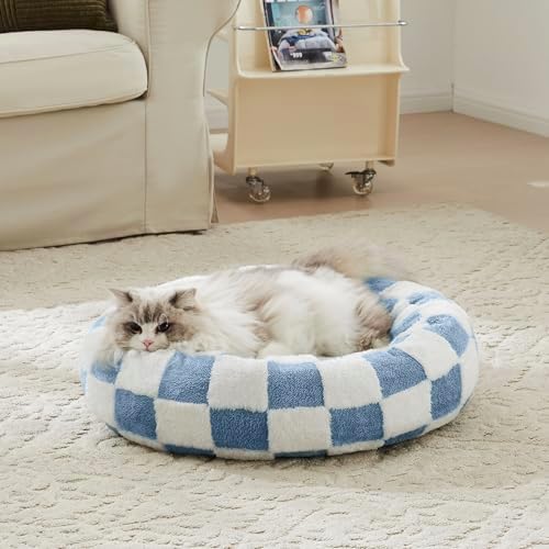 Ohocut Checkered Cat Dog Bed, Cute Blue Retro Style Aesthetic Round Warming Pet by Ohocut