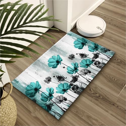 Teal Floral Bath Rug Turquoise Flower Bath Carpet Soft Plush Absorbent Doormat - Image 6