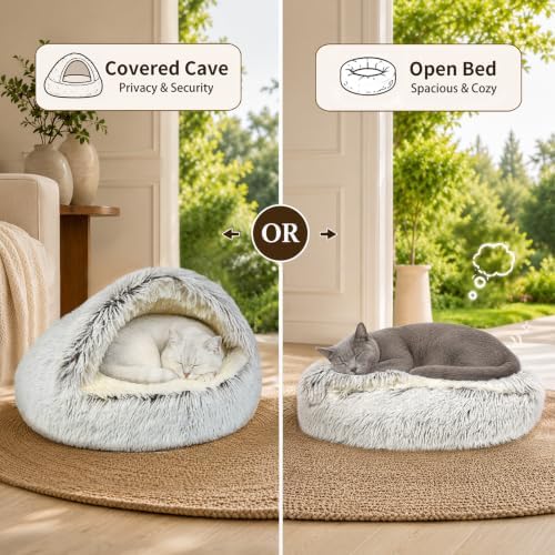 ShinHye Round Plush Fluffy Hooded Cat Bed Cave, Cozy - Image 4