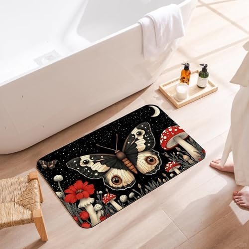 Bathroom Floor Mat, Vintage Poppy Moth Bathroom Rugs, Quick Dry Forest Red - Image 3