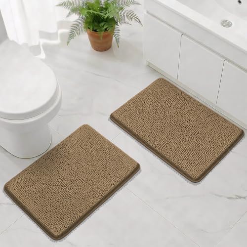 Bcoimo Bath Rug Mat Sets, 2 Piece Extra Soft Chenille Tan Bathroom Mat Set by Bcoimo