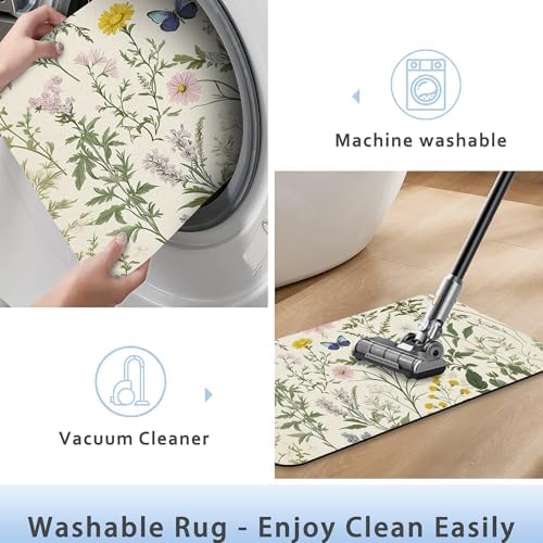 Vintage Floral Bath Mat 29.5"x17", Herbs Wild Flowers Slim Low-Profile Fast - Image 5