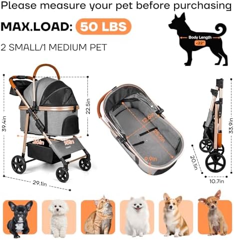 Dog Cat Stroller for Small/Medium Pets, 50 lbs, 3-in-1 Pet Stroller - Image 4