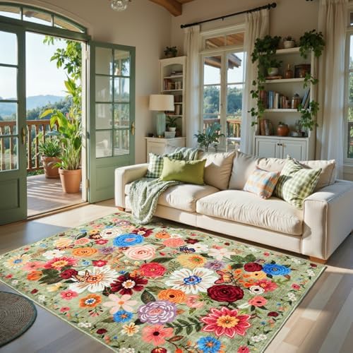 Floral Area Rugs 5x7 for Bedroom Livingroom Green Non-Slip by WelcometoBabovid