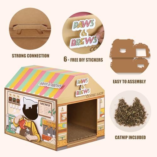 SEKAM Cardboard Cat House with Scratcher/Catnip, Kitty Coffee Shop - Image 4