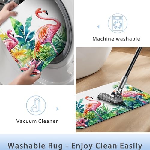Flamingo Bathroom Rug 29.5"x17", Tropical Flowers Leaves Quick-Drying Super - Image 5