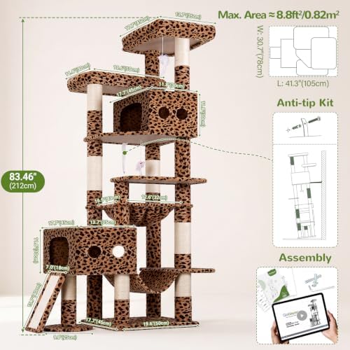 Globlazer 83inch Sturdy Multi-Level Tall Cat Tower, Leopard Print - Image 5