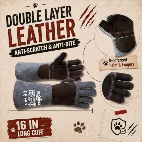 RAPICCA Animal Handling Gloves, Bite Proof Double Leather, 16 in Grey-Black - Image 5