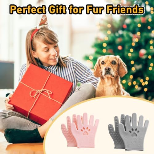 Pet Hair Removal Gloves Grooming 2 Pair Pink & Grey - Image 7