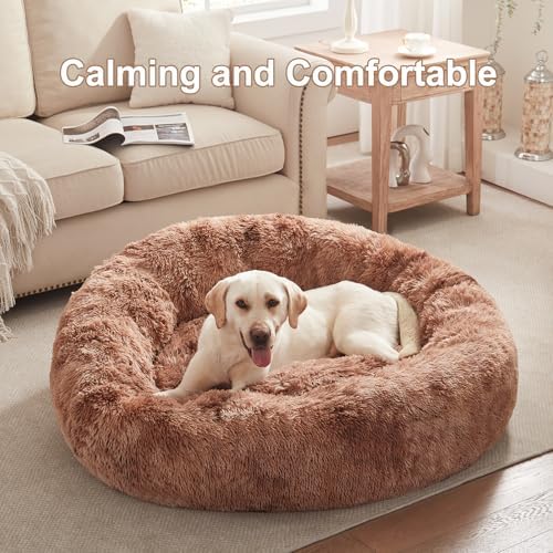 45 in Faux Fur Donut Dog Bed for Extra Large Dogs, Tie-dye Brown - Image 2