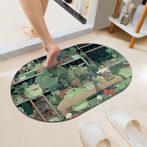 Green Frogs and Flowers Super Absorbent Quick-Drying Bathroom Mat Rug, Rubber by ZHUZHISHAN