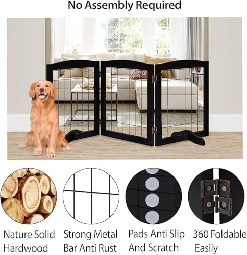LZRS 3-Panel Freestanding Wooden Dog Gate—30" Tall Foldable Pet Barrier - Image 3