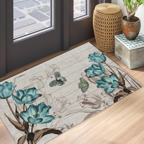 Giwawa Teal Floral Bath Rug Butterfly Flower Bath Carpet Soft Bathroom Plush - Image 5