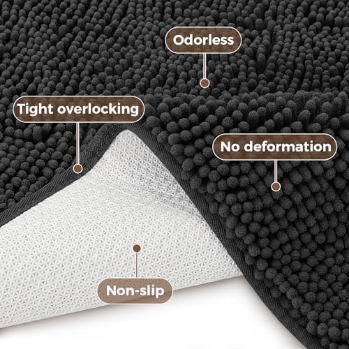 Bcoimo Bath Rug Mat Set, 2 Piece Thick Absorbent Chenille Bathroom Mat Black - Image 4