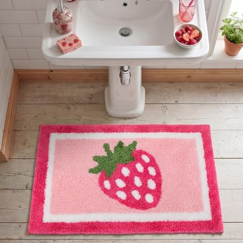 Boao Strawberry Bathroom Rug Tufted Bath Mat Pink Non-Slip 24 x 16 Inches - Image 5