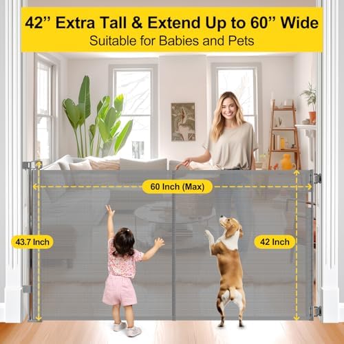 Reinforced 42" Extra Tall Retractable Baby Gates, Extends up to 60" Wide - Image 4