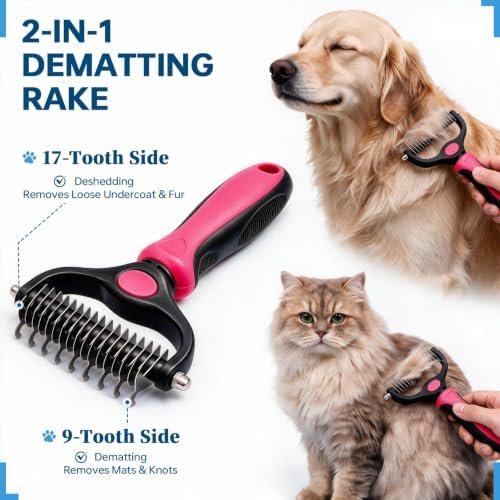 Pet Grooming Comb, Deshedding Dog Brush & Undercoat Rake, Rose Red - Image 2