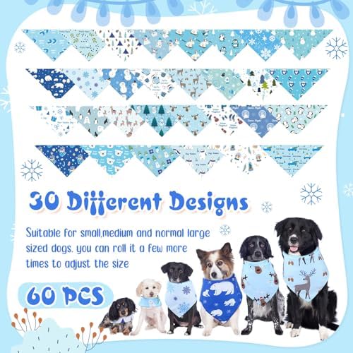 60 Pcs Winter Dog Bandanas Bulk, Snowflake Adjustable Pet Scarf,M - Image 4