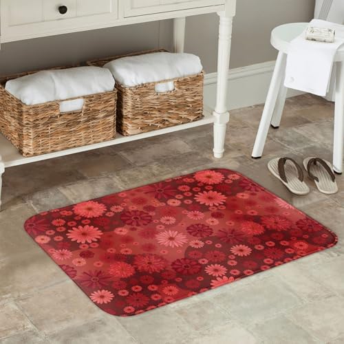 Red Flowers Bath Mat 24x16 Inch Non-Slip Soft Microfiber Bathroom Rugs Washable - Image 2