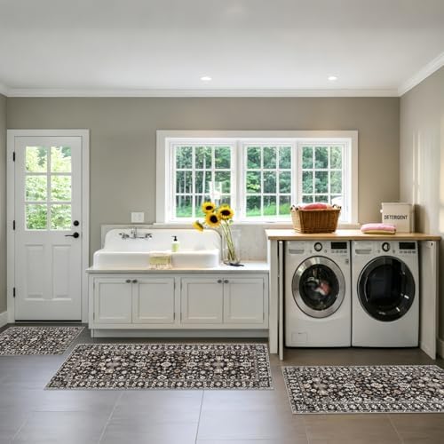 Washable Kitchen Rugs Sets of 3 Kitchen Mat 3PC Non Slip Runner Black - Image 3