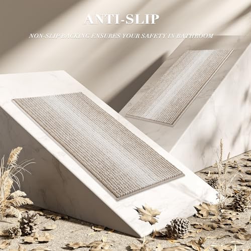 BSICPRO Large Chenille Bathroom Rugs, 24x43 Striped Bath Mats, Light Taupe - Image 3