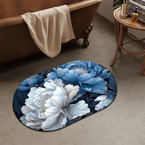 White and Blue Peony, Super Absorbent Quick-Drying Bathroom Mat Rug, Rubber - Image 2
