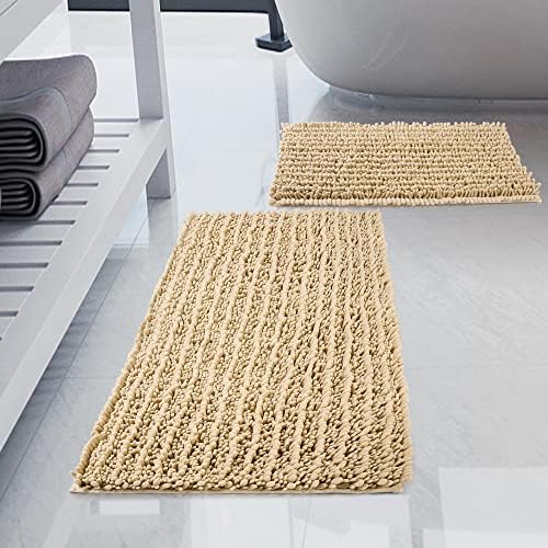 Luxury Chenille Beige Bathroom Rugs Sets 2 Piece, Thickened Hot Melt Rubber by HVERONNEX
